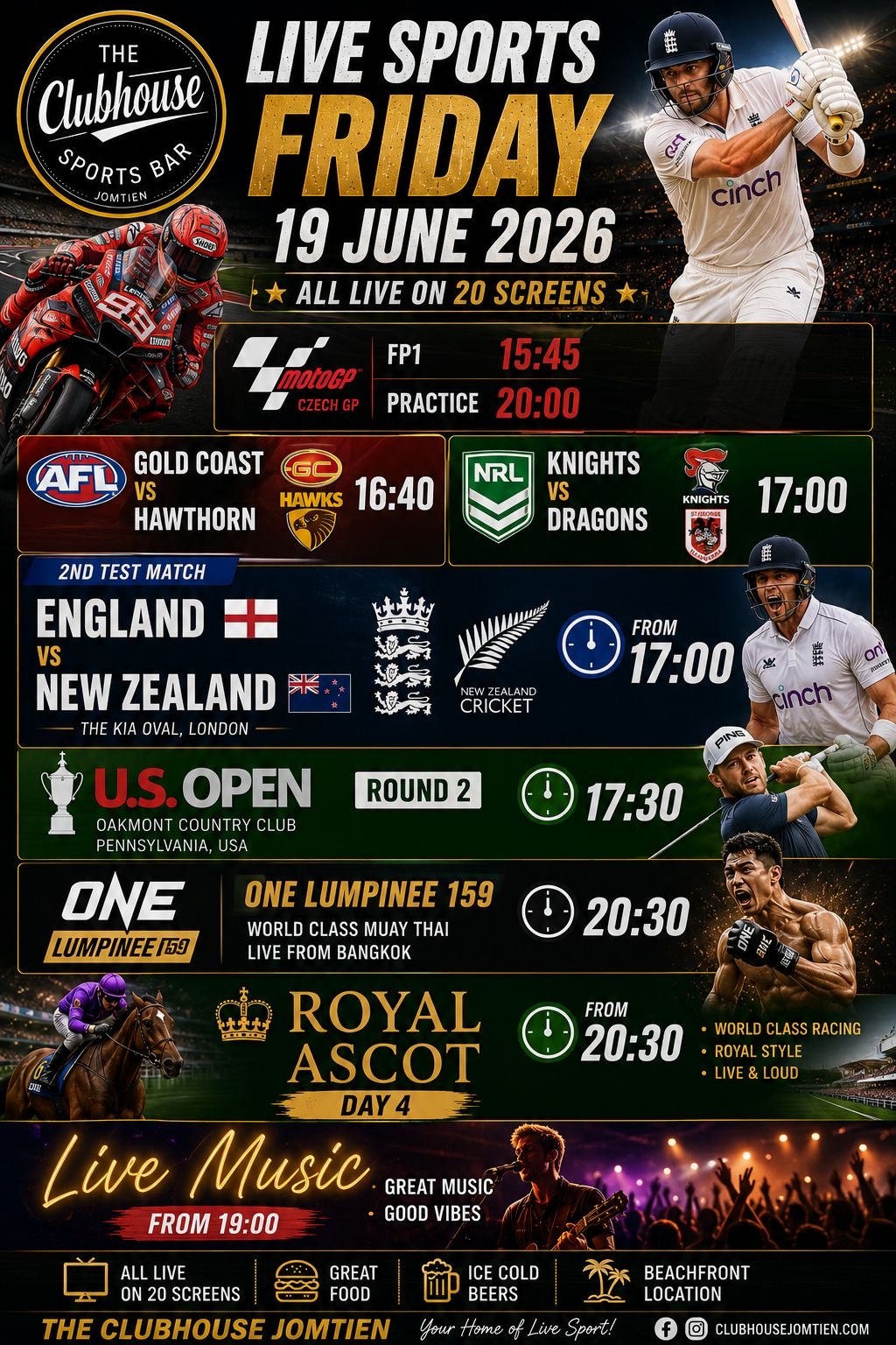Friday 19 June — F1 FP1 & Practice, AFL Gold Coast Suns vs Hawthorn, NRL Knights vs Dragons, England vs New Zealand 2nd Test, US Open Round 2, ONE Lumpinee 159, Royal Ascot Day 4, Live Music