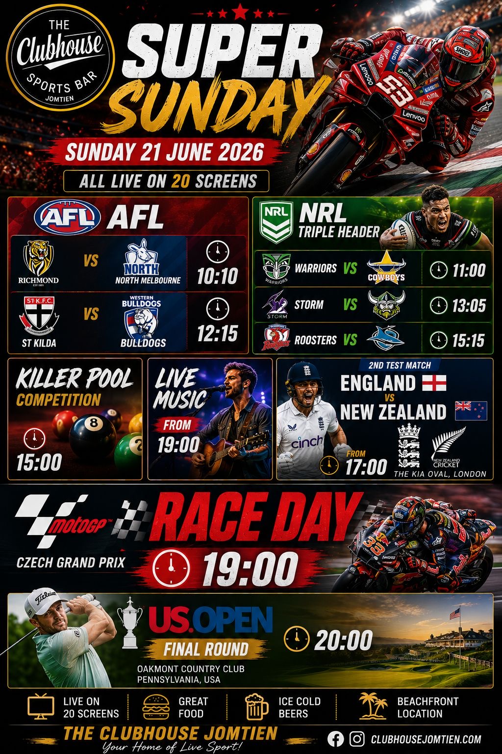 Super Saturday 20 June — Super Rugby Pacific Grand Final Hurricanes vs Chiefs, AFL Triple Header, NRL Triple Header, F1 Sprint Race & Qualifying, US Open Round 3, England vs New Zealand 2nd Test, Royal Ascot