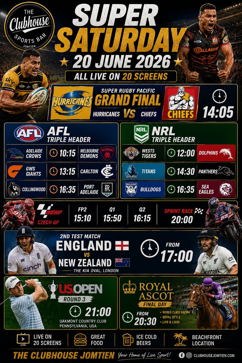 Super Sunday 21 June — AFL Triple Header, NRL Triple Header, MotoGP Czech Grand Prix Race Day, US Open Final Round, England vs New Zealand 2nd Test, Killer Pool Competition, Live Music