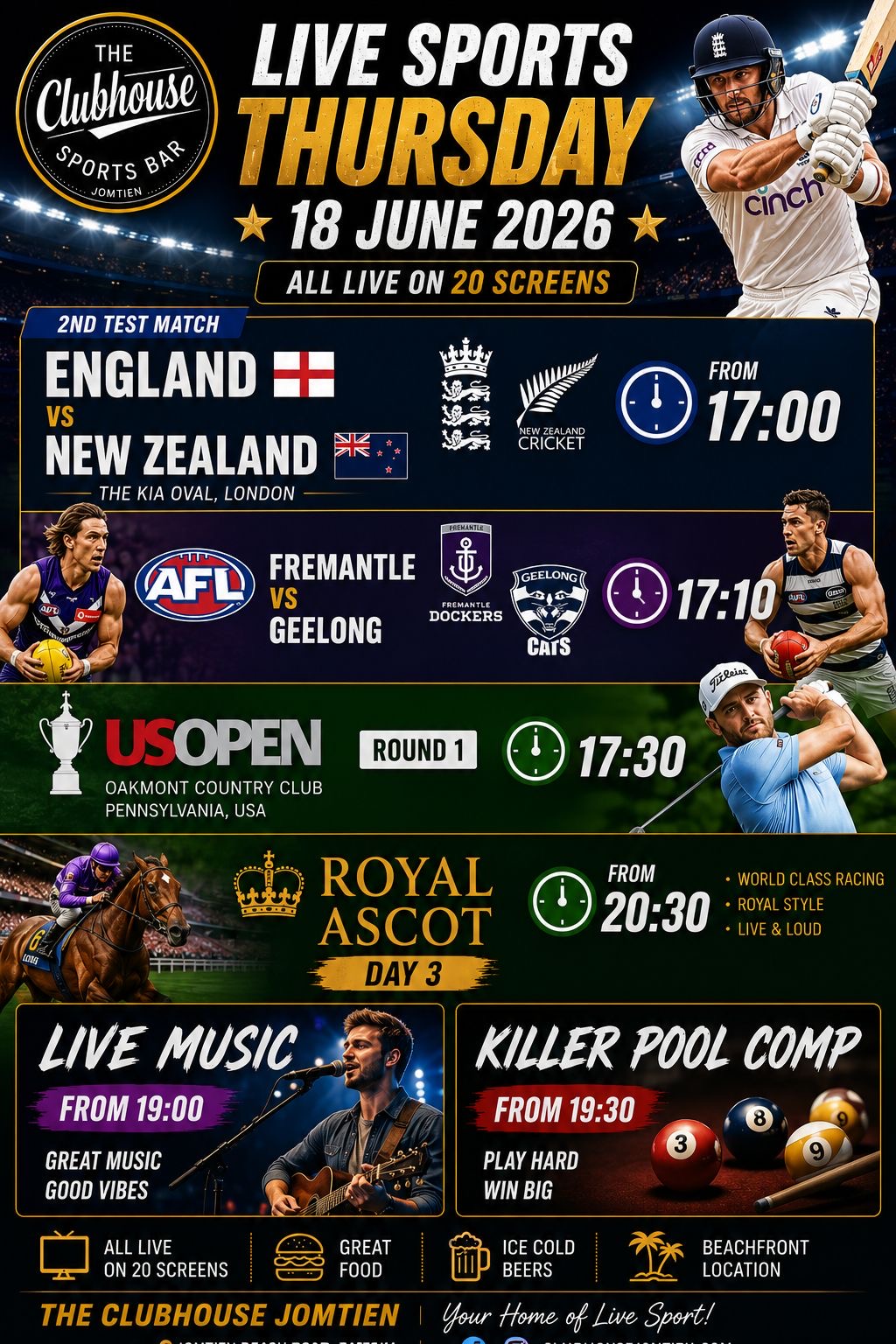 Thursday 18 June — England vs New Zealand 2nd Test, AFL Fremantle vs Geelong, US Open Round 1, Royal Ascot Day 3, Live Music, Killer Pool