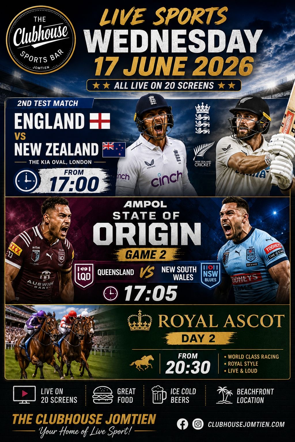 Wednesday 17 June — England vs New Zealand 2nd Test, State of Origin Game 2 Queensland vs NSW, Royal Ascot Day 2